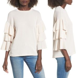 Ribbed Cream Ruffle Sleeve Top